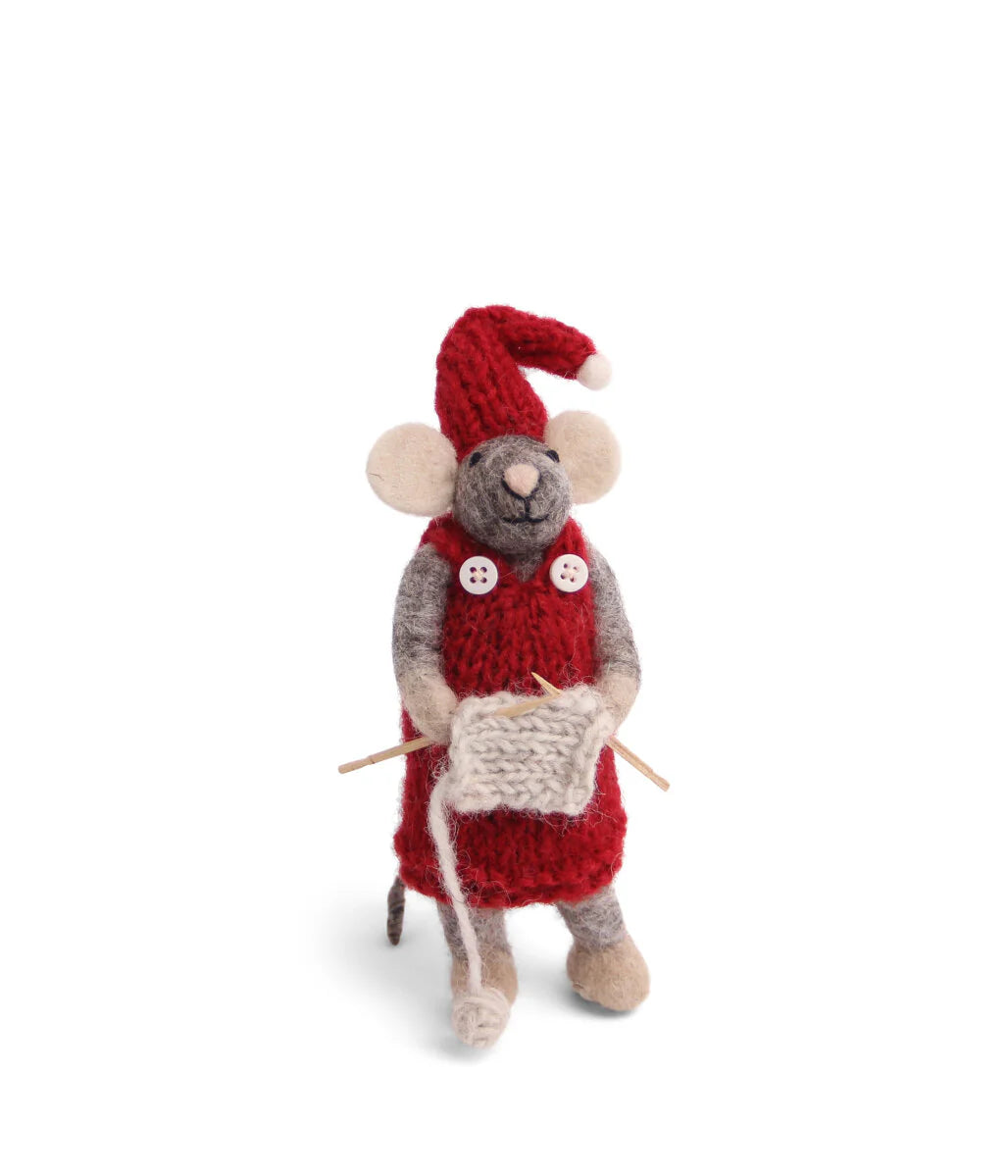 GRY & SIF Small Girly Mouse Knitting w/Red Dress