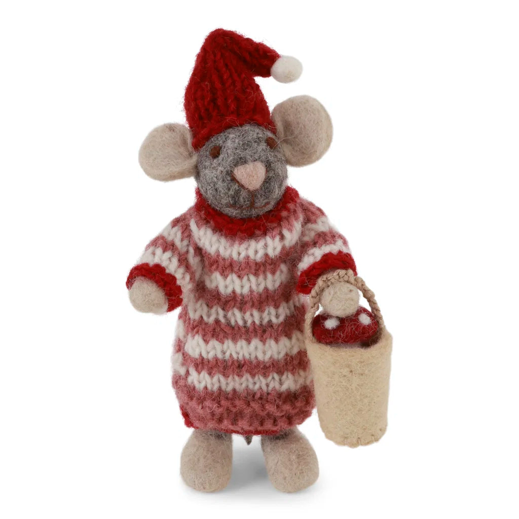 GRY & SIF Small Grey Girly Mouse in Dress w/Mushroom in Bucket