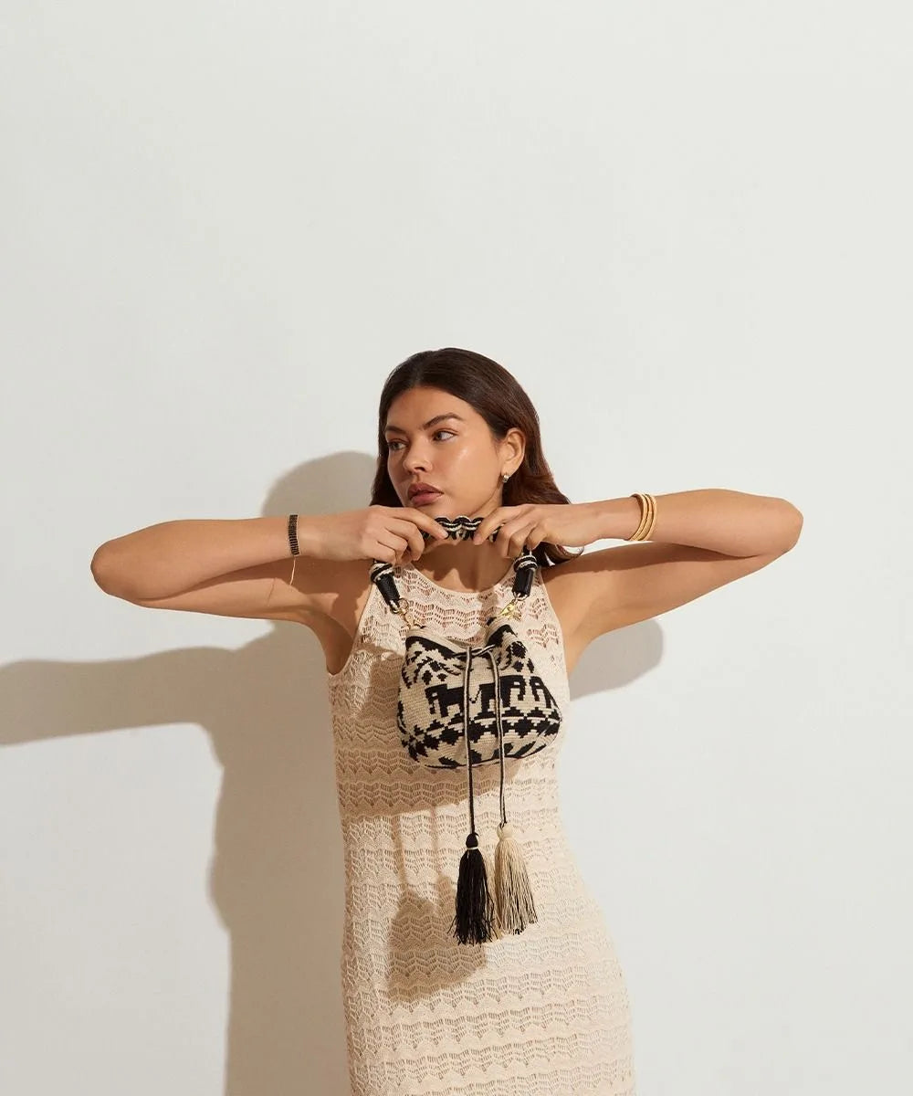 GUANABANA Crossbody Bag w/Short Macrame handle | Hawk | Black & Beige