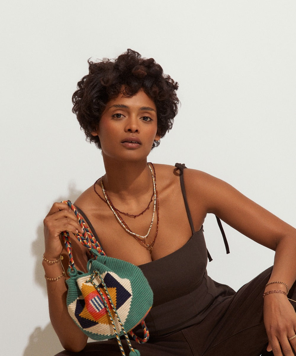 GUANABANA Crossbody Bag M w/short Macrame Handle | Vulture | Jade Green & Mustard
