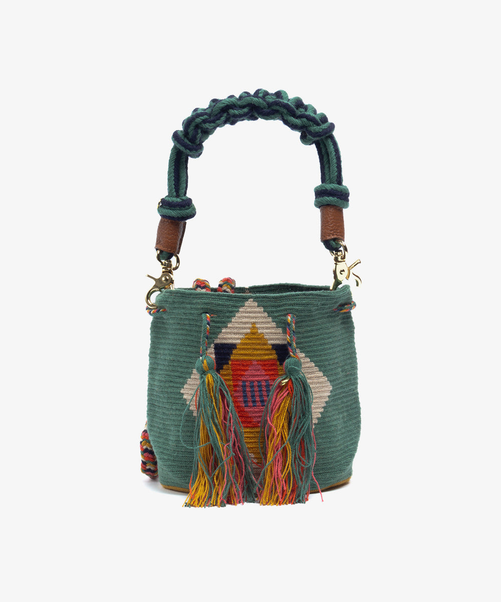 GUANABANA Crossbody Bag M w/short Macrame Handle | Vulture | Jade Green & Mustard